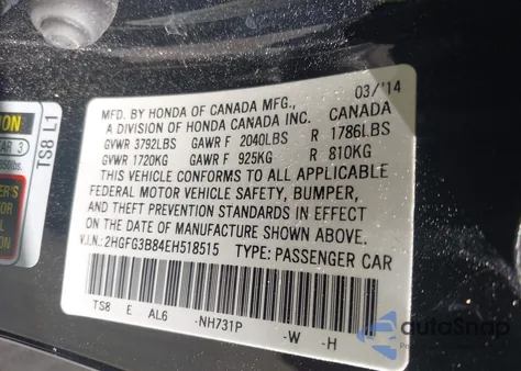 2014 Honda Civic Ex from USA, damaged, VIN 2HGFG3B84EH518515